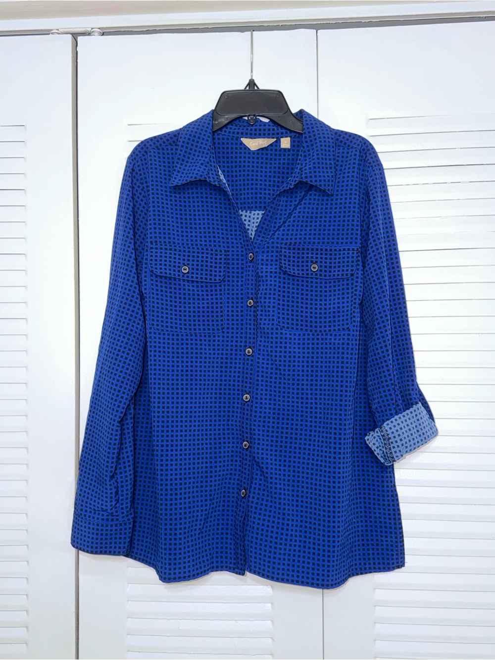 Grid Check Roll-Tab Sleeve Women’s Button-Up Y2K Office Siren Blouse Size Medium